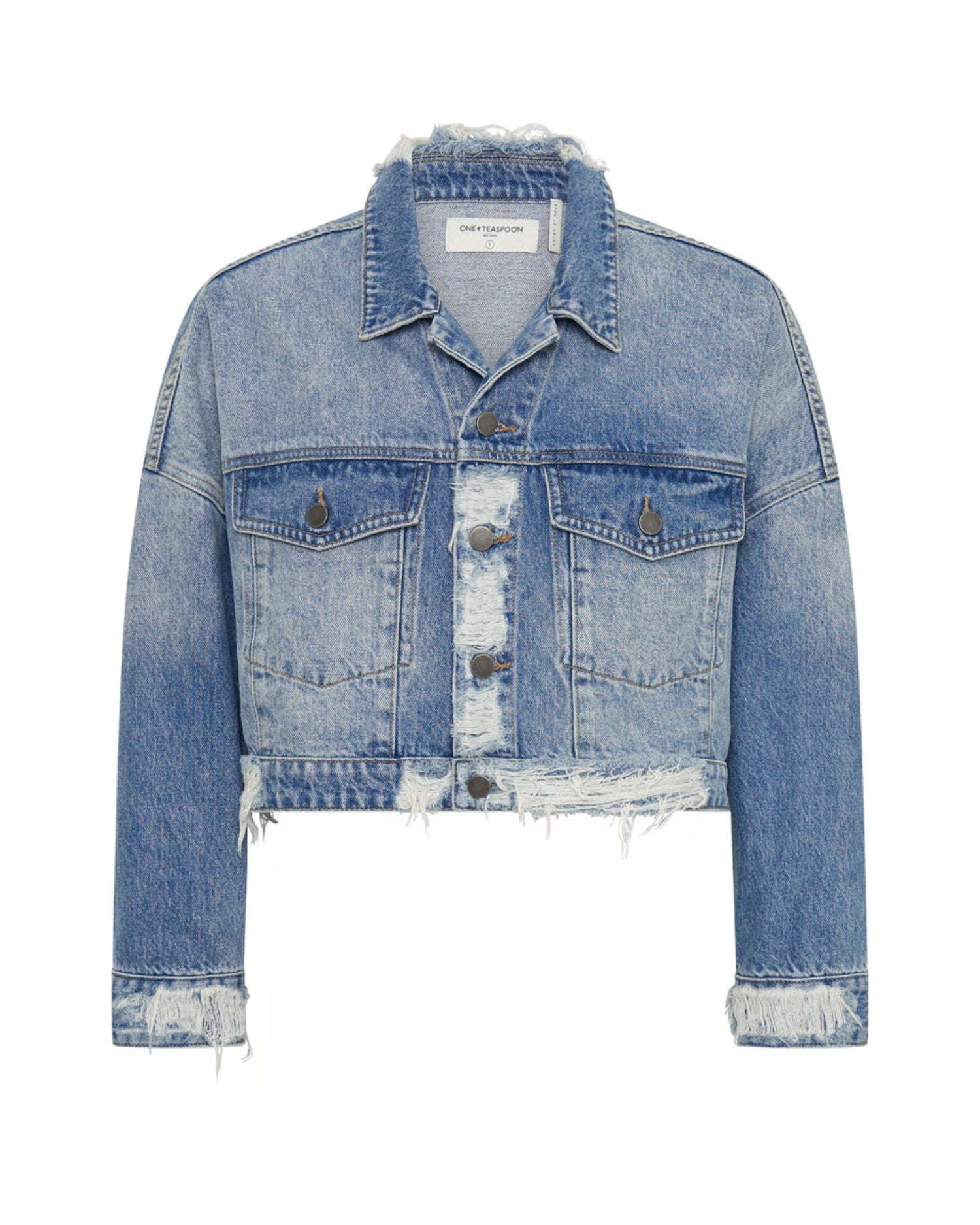 Last Stock Studded Cropped Denim Jacket - Faded Blue