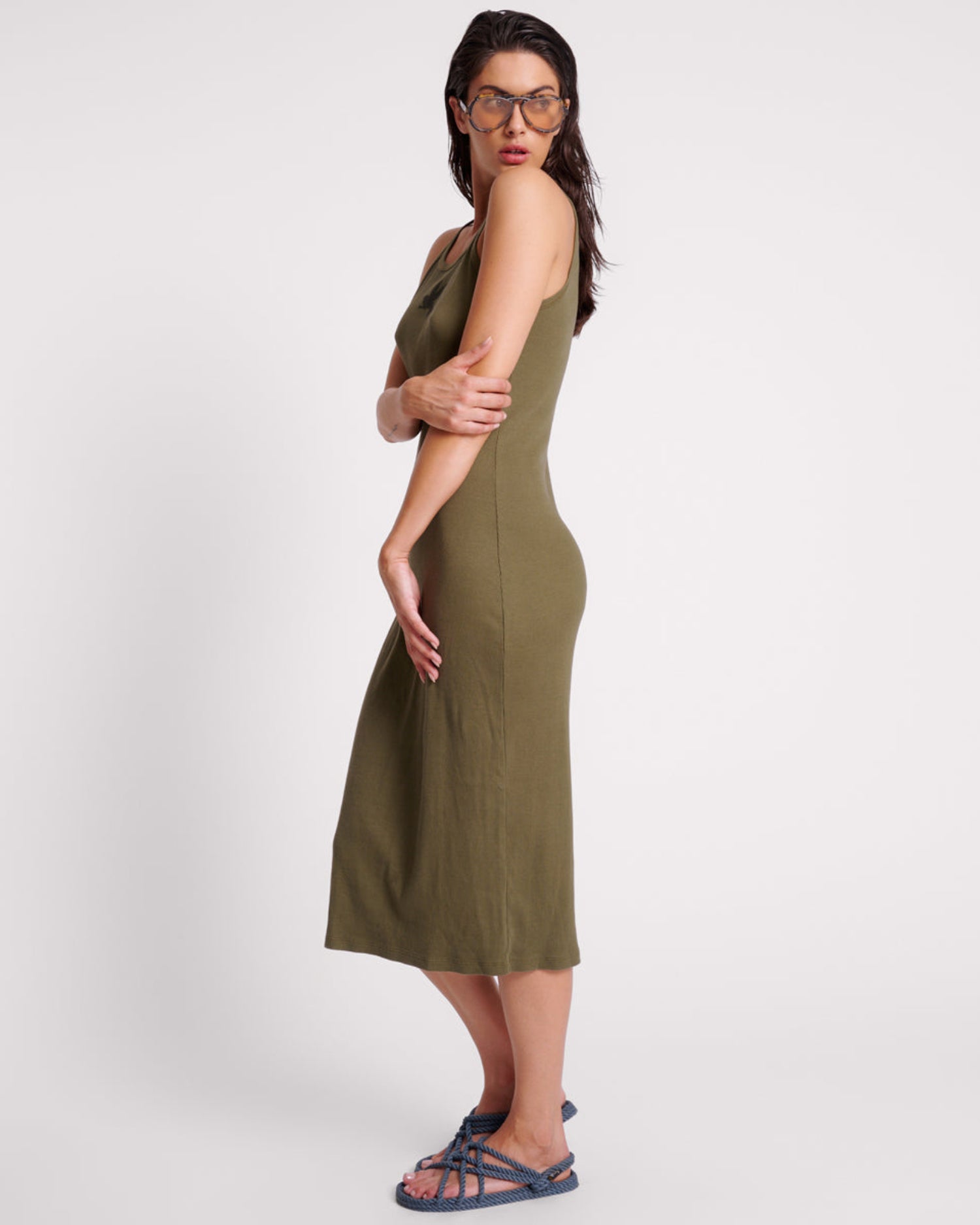 Khaki Edit One Teaspoon Ribbed Singlet Midi Dress - Khaki
