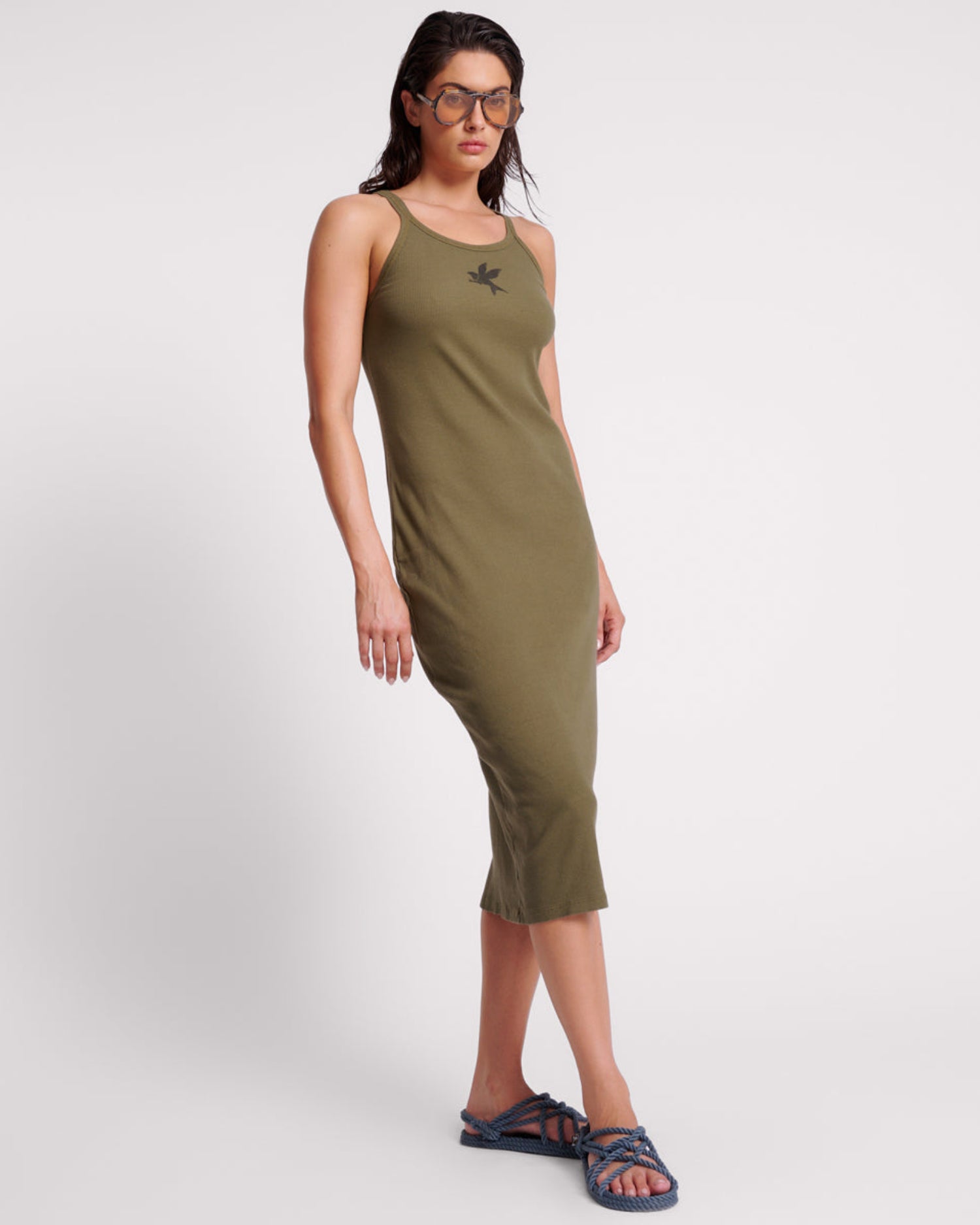 Khaki Edit One Teaspoon Ribbed Singlet Midi Dress - Khaki