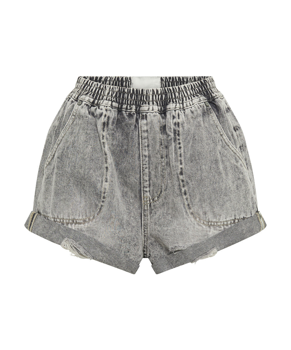 Outlet Sale Denim Shorts Hunters Mid Waist Boyfriend Elasticated Denim Shorts - Smoke Grey