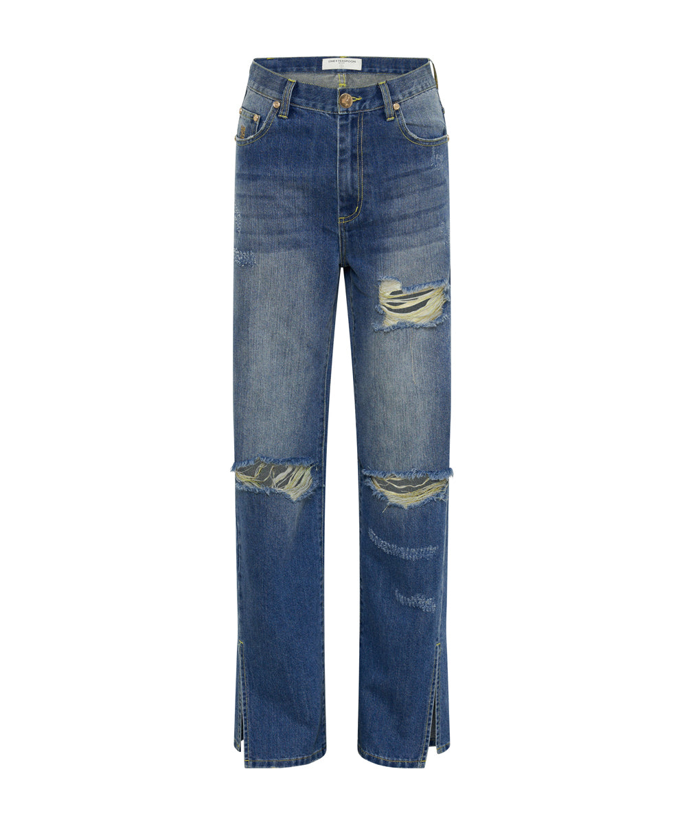 Dirty Blue Denim Billie Low Slung Straight Leg Mid Waist Denim Jeans - Shredded Gold