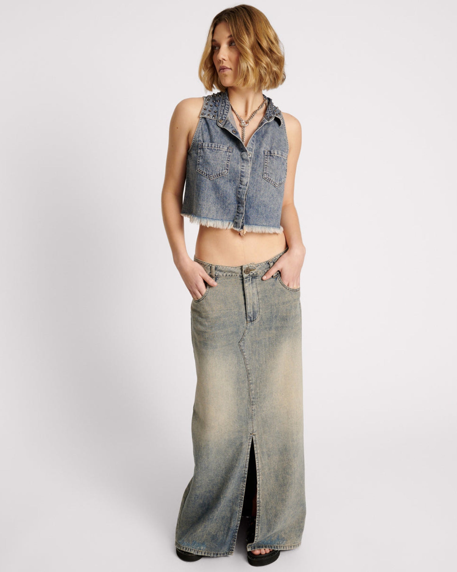 Women's Denim Shirts Braxton Studded Denim Top - Dirty Blue