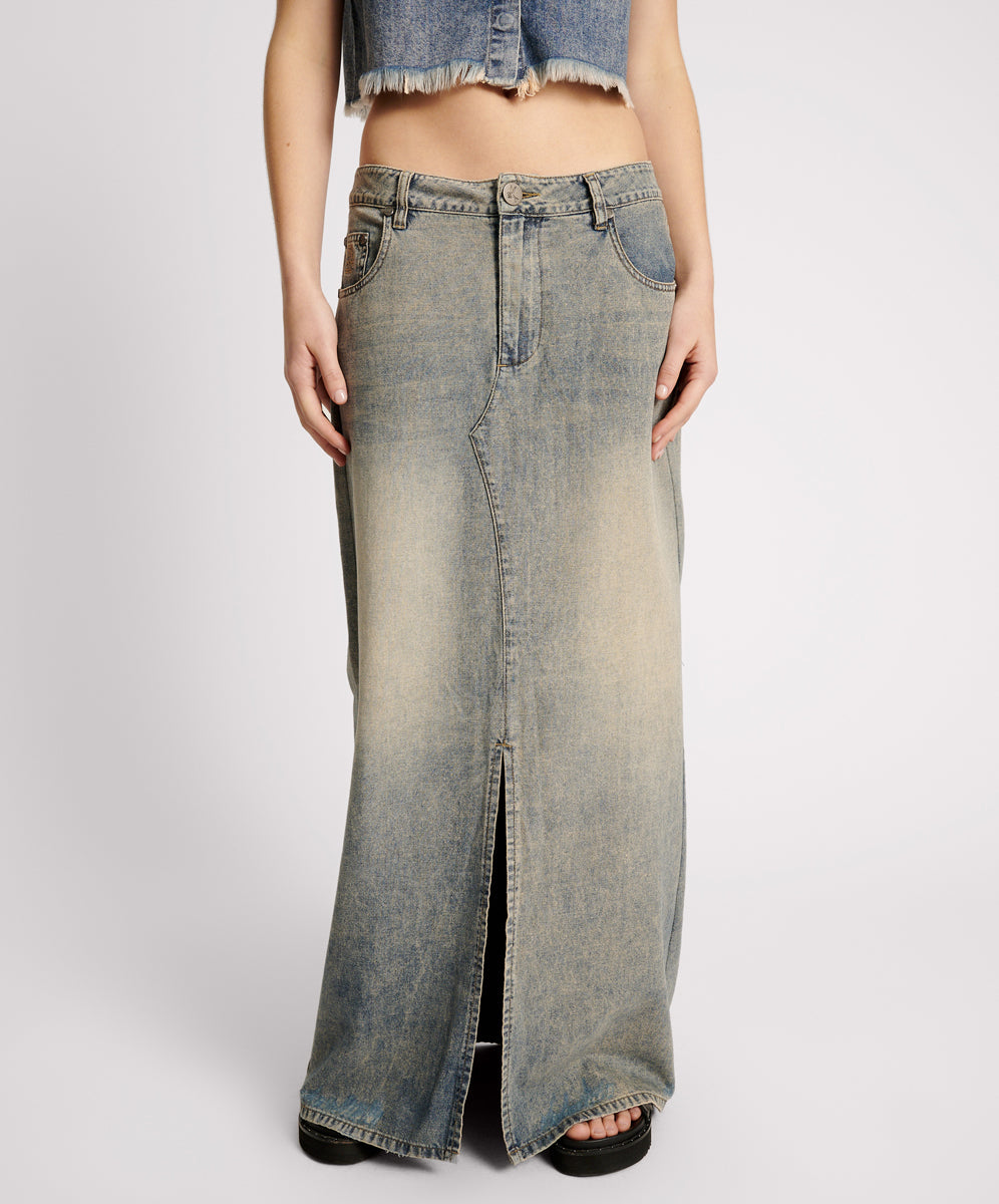 Dirty Blue Denim Denim Low Waist Column Skirt - Dirty Blue