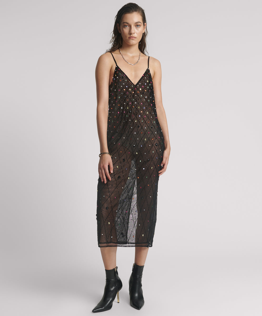 Full Price Stellar Jewel Hand Beaded Slip Midi Dress - Black