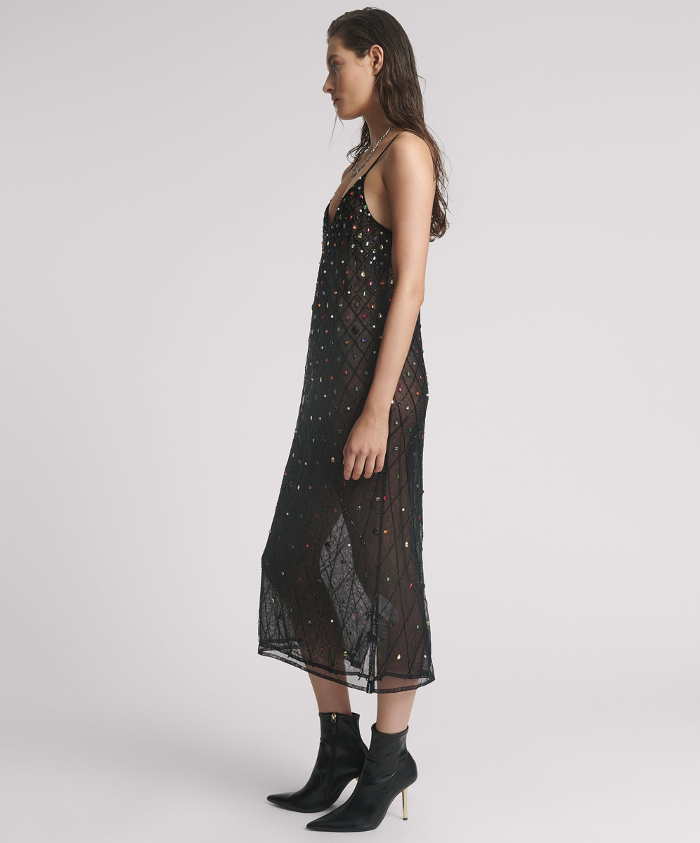 Full Price Stellar Jewel Hand Beaded Slip Midi Dress - Black