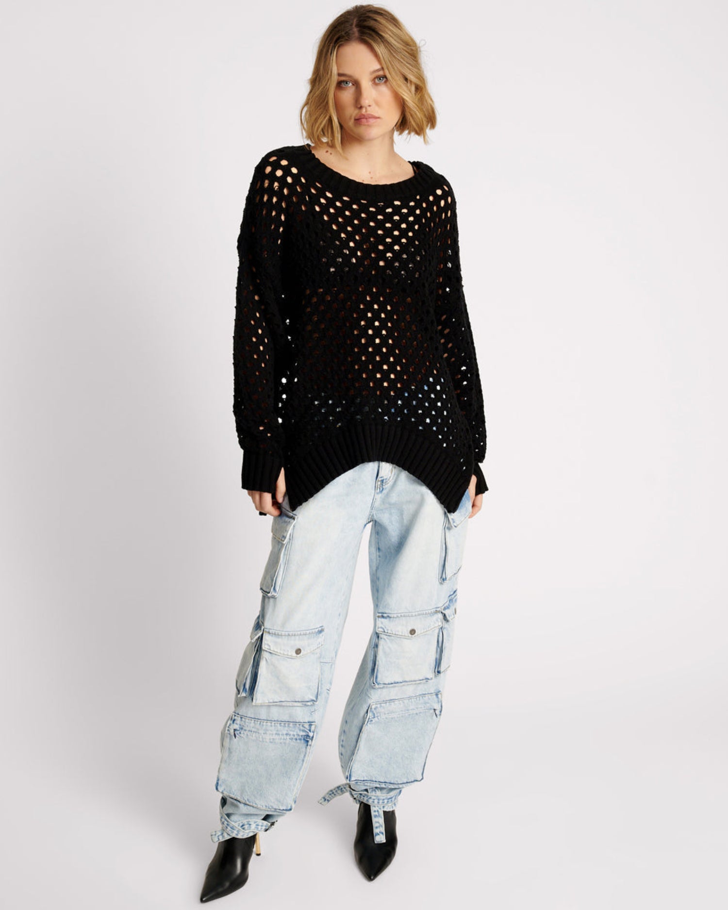Last Stock Knitted Fishnet Zip Side Sweater - Black