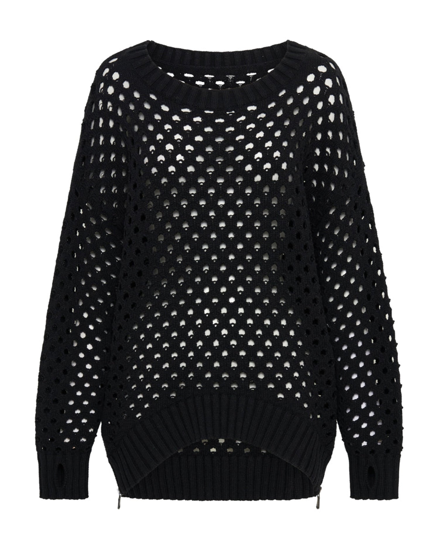 Last Stock Knitted Fishnet Zip Side Sweater - Black