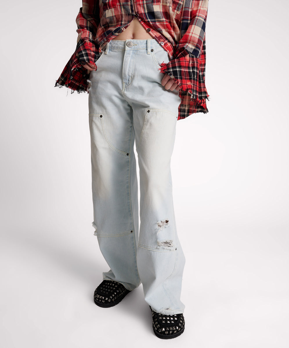 Dirty Blue Denim Jackson Mid Waist Wide Leg Denim Jeans - Le Surf