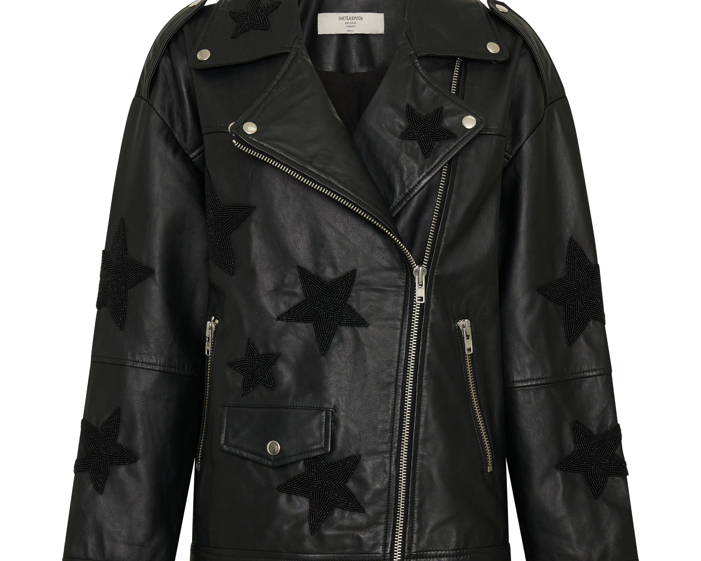 Biker Boyfriend Embellished Moto Leather Jacket - Black Star