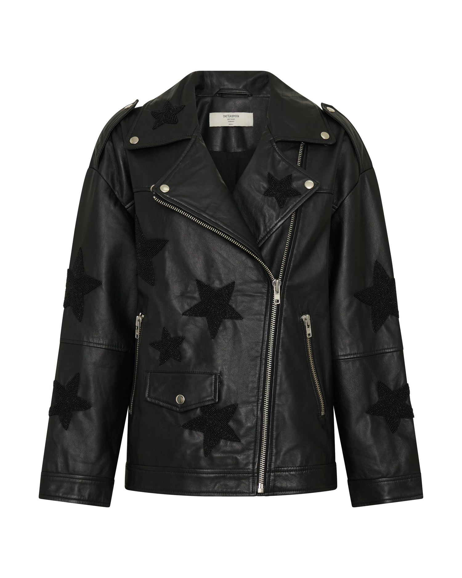 Women's Clothing Biker Boyfriend Embellished Moto Leather Jacket - Black Star