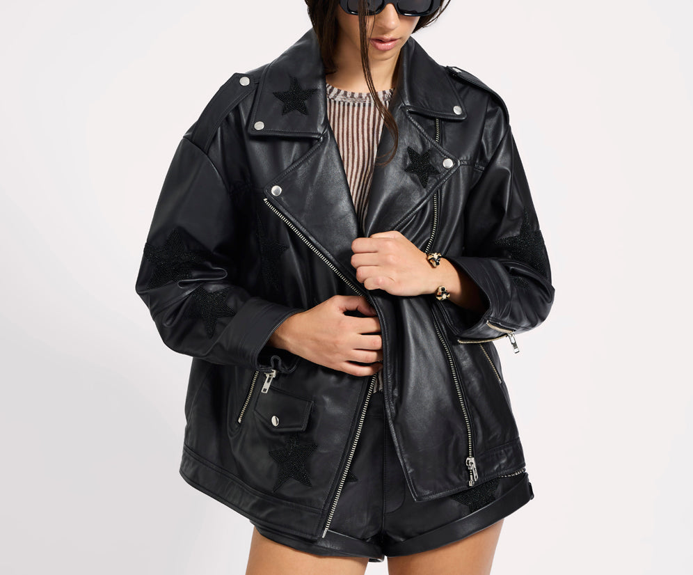 Biker Boyfriend Embellished Moto Leather Jacket - Black Star