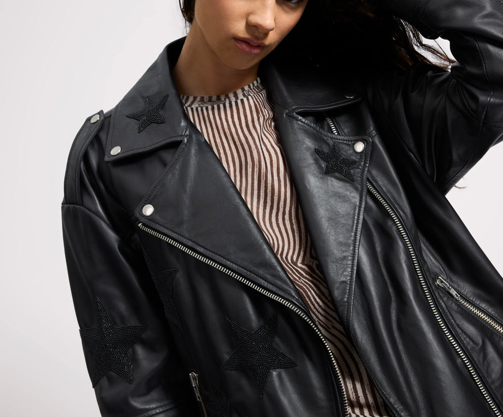 Biker Boyfriend Embellished Moto Leather Jacket - Black Star