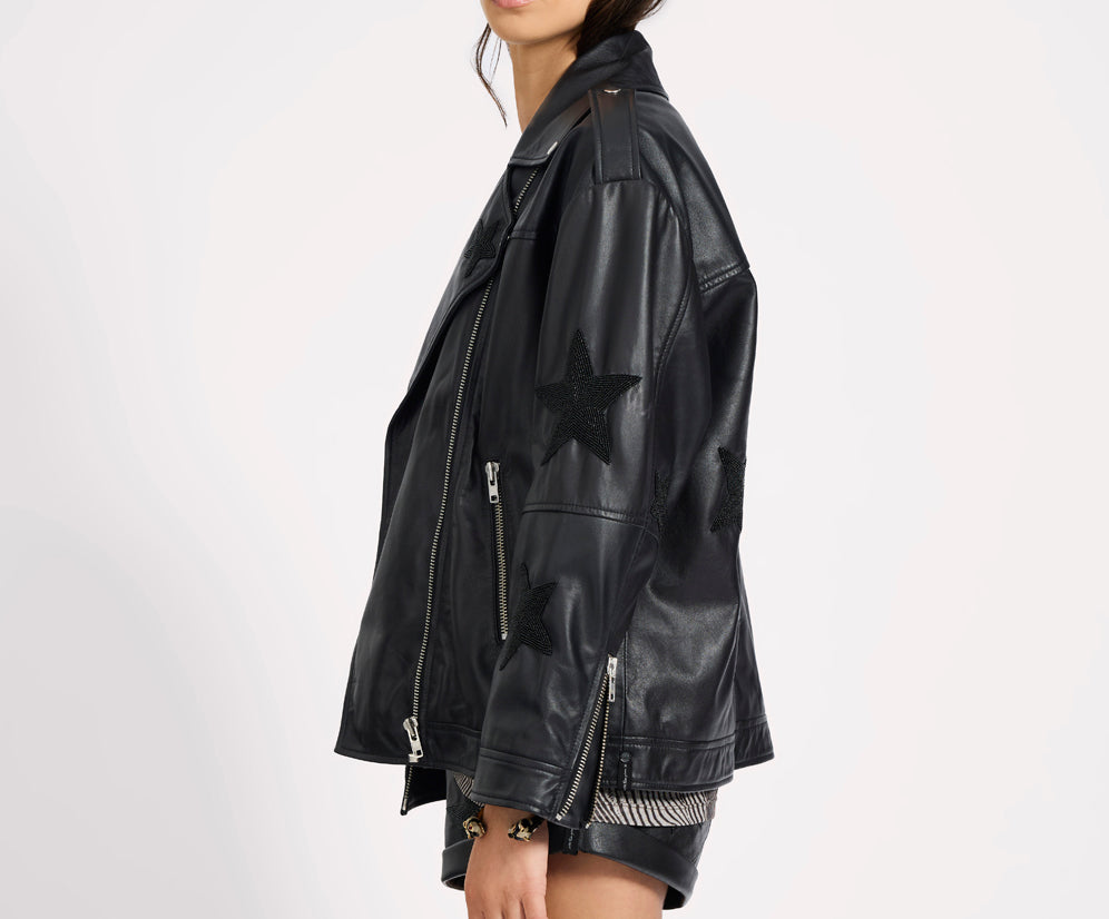 Biker Boyfriend Embellished Moto Leather Jacket - Black Star