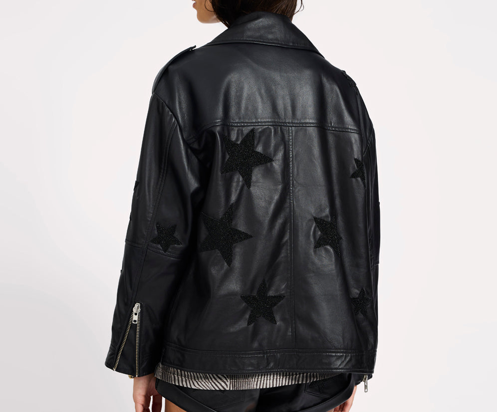 Biker Boyfriend Embellished Moto Leather Jacket - Black Star