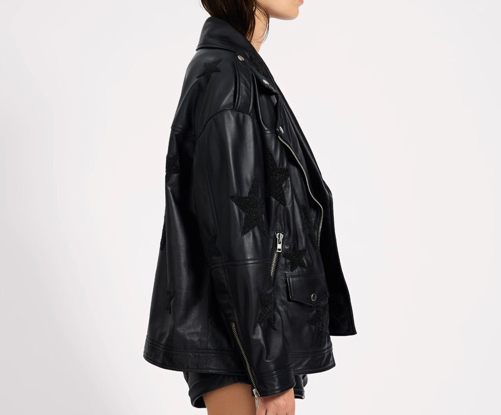 Biker Boyfriend Embellished Moto Leather Jacket - Black Star