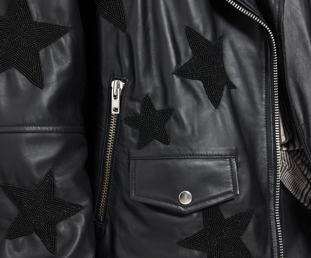 Biker Boyfriend Embellished Moto Leather Jacket - Black Star