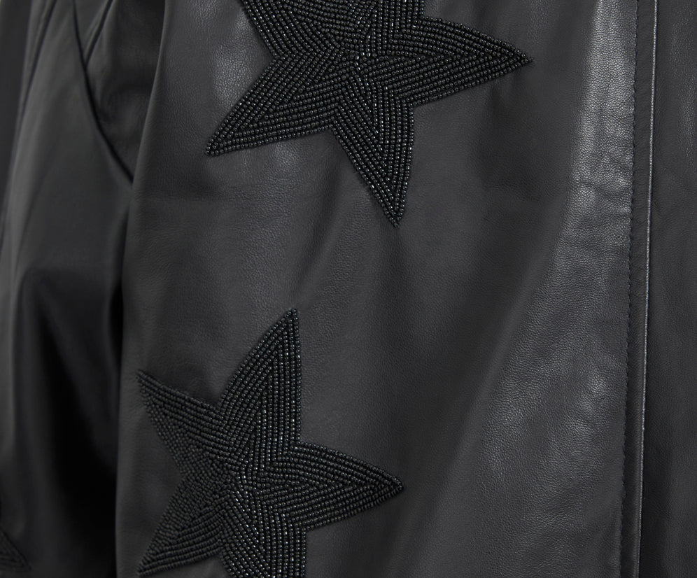 Biker Boyfriend Embellished Moto Leather Jacket - Black Star