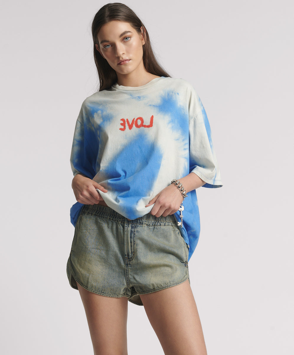 Dirty Blue Denim Dylan Low Waist 70s Elasticated Denim Shorts - Blue Sand