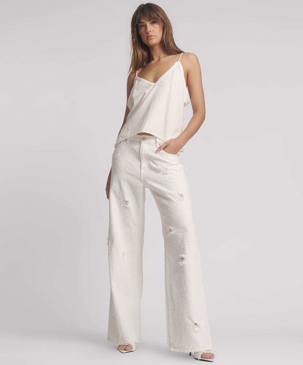 White Denim Jackson Mid Waist Wide Leg Denim Jeans - Textured White