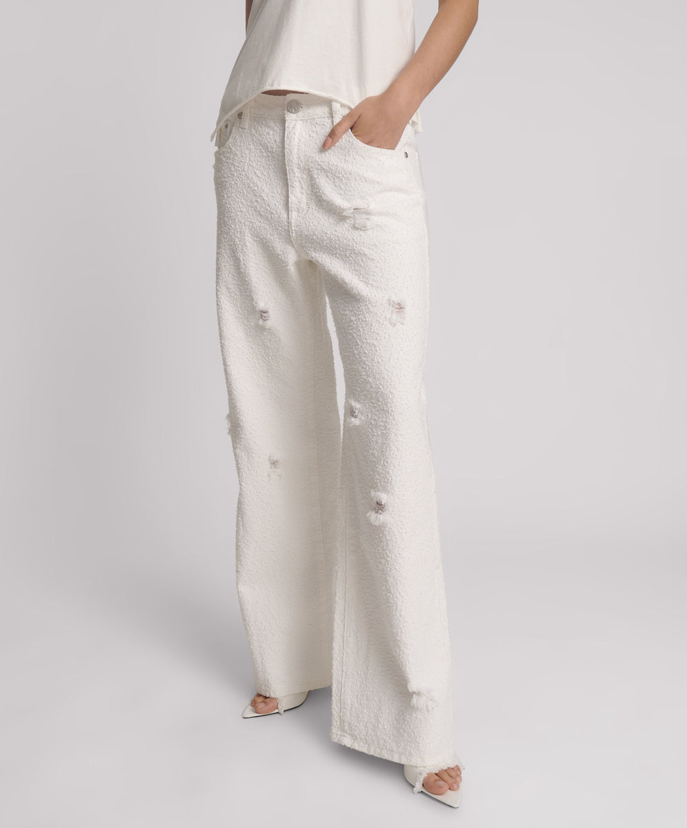 White Denim Jackson Mid Waist Wide Leg Denim Jeans - Textured White