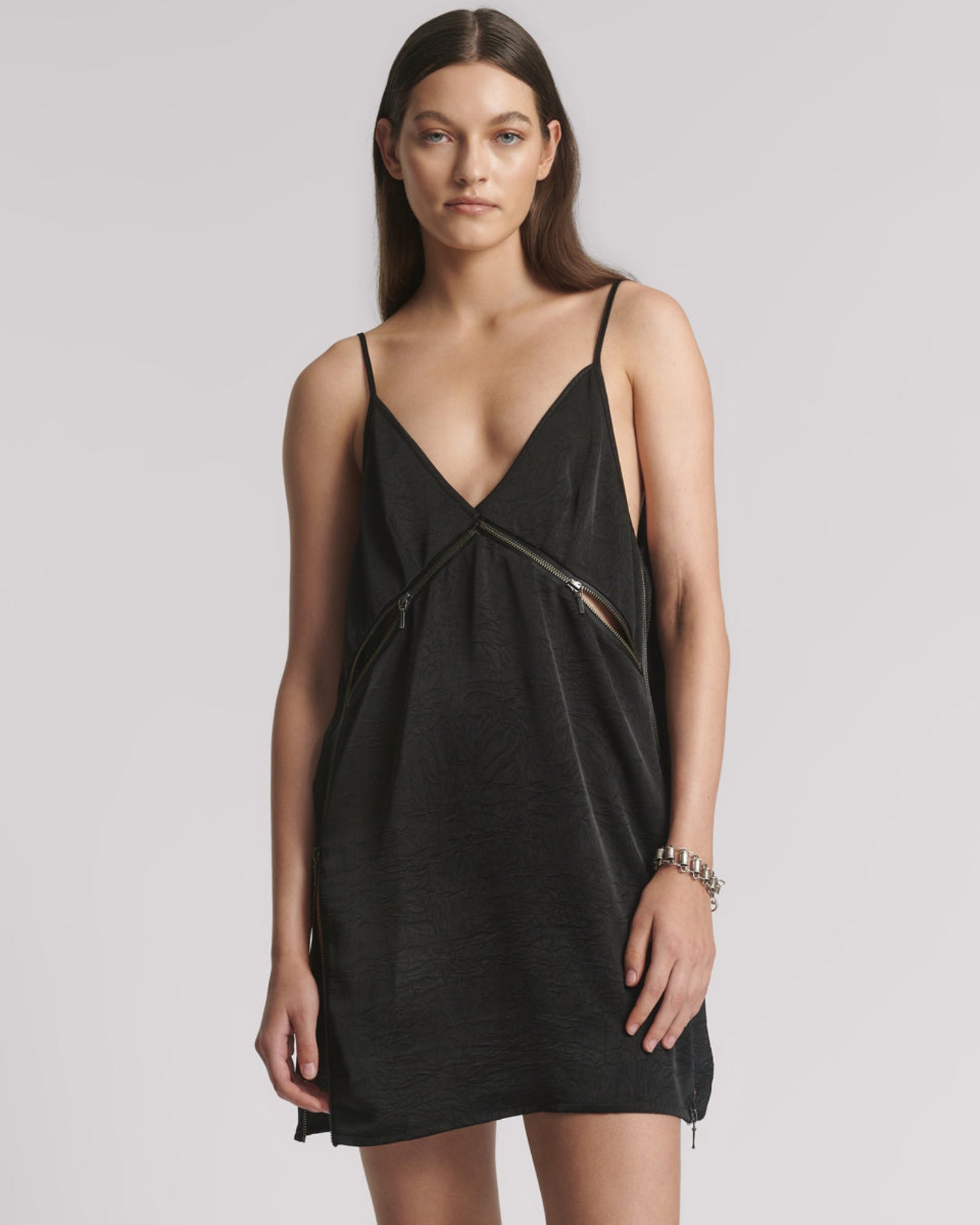 Last Stock Courtney Zipped Up Satin Slip Mini Dress - Black