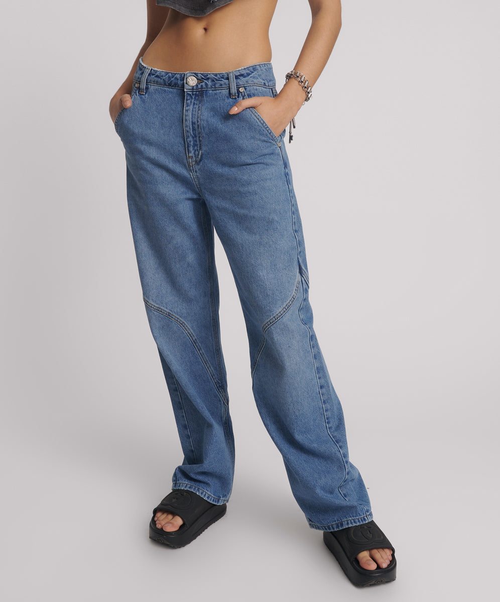 Last Stock Western Wonders Mid Waist Straight Leg Denim Jeans - Blue Estate