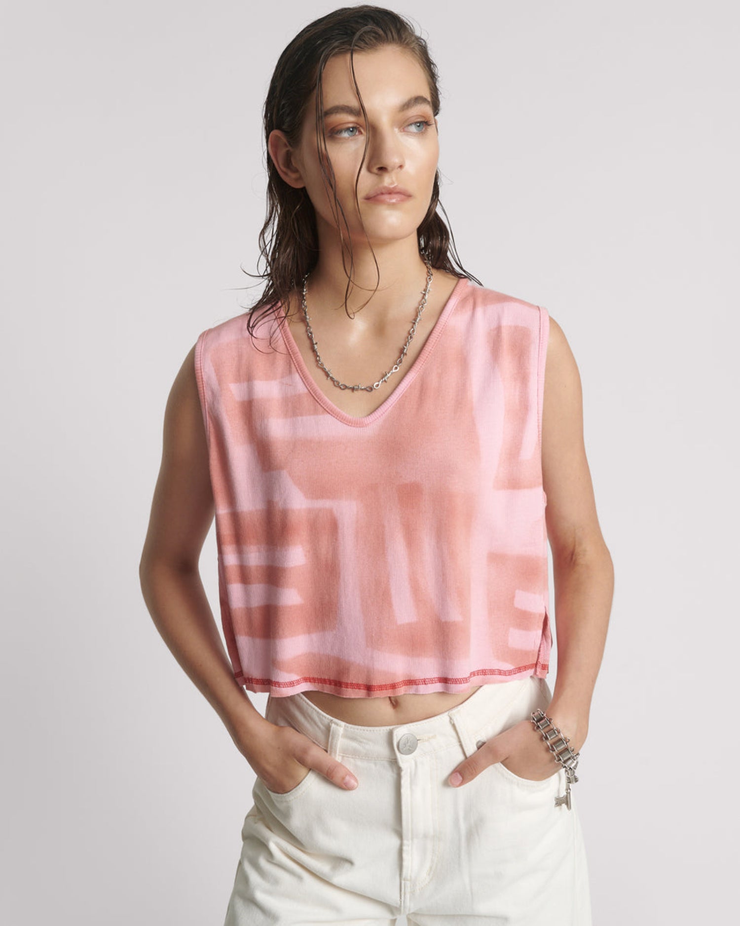 Last Stock Gloria Moai V-Front Hand Painted Rib Tank Top - Pink