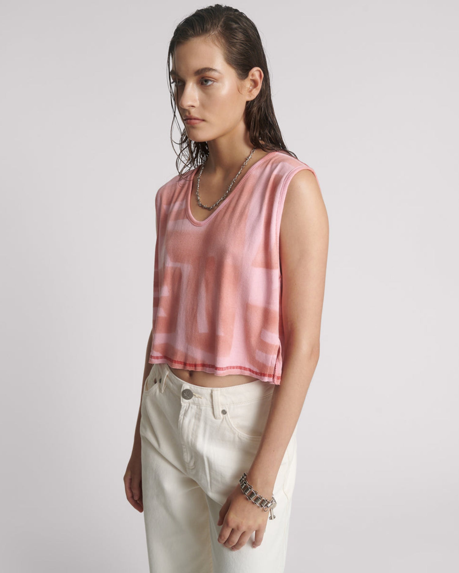Last Stock Gloria Moai V-Front Hand Painted Rib Tank Top - Pink