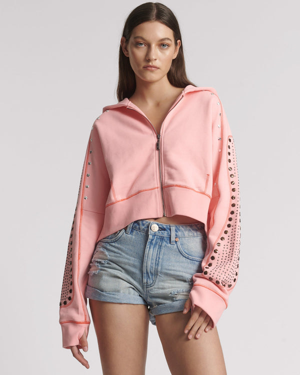 Studded Cropped Sweater Hoody - Candy Coral Pink