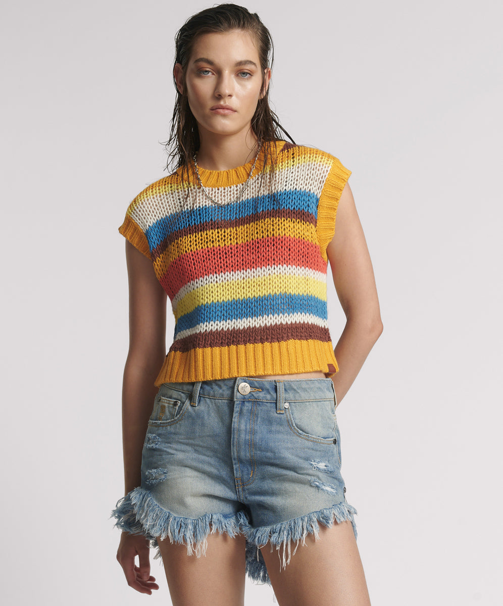 Last Stock Outlaws Mid Waist Mid Length Denim Shorts -  Blue Malt