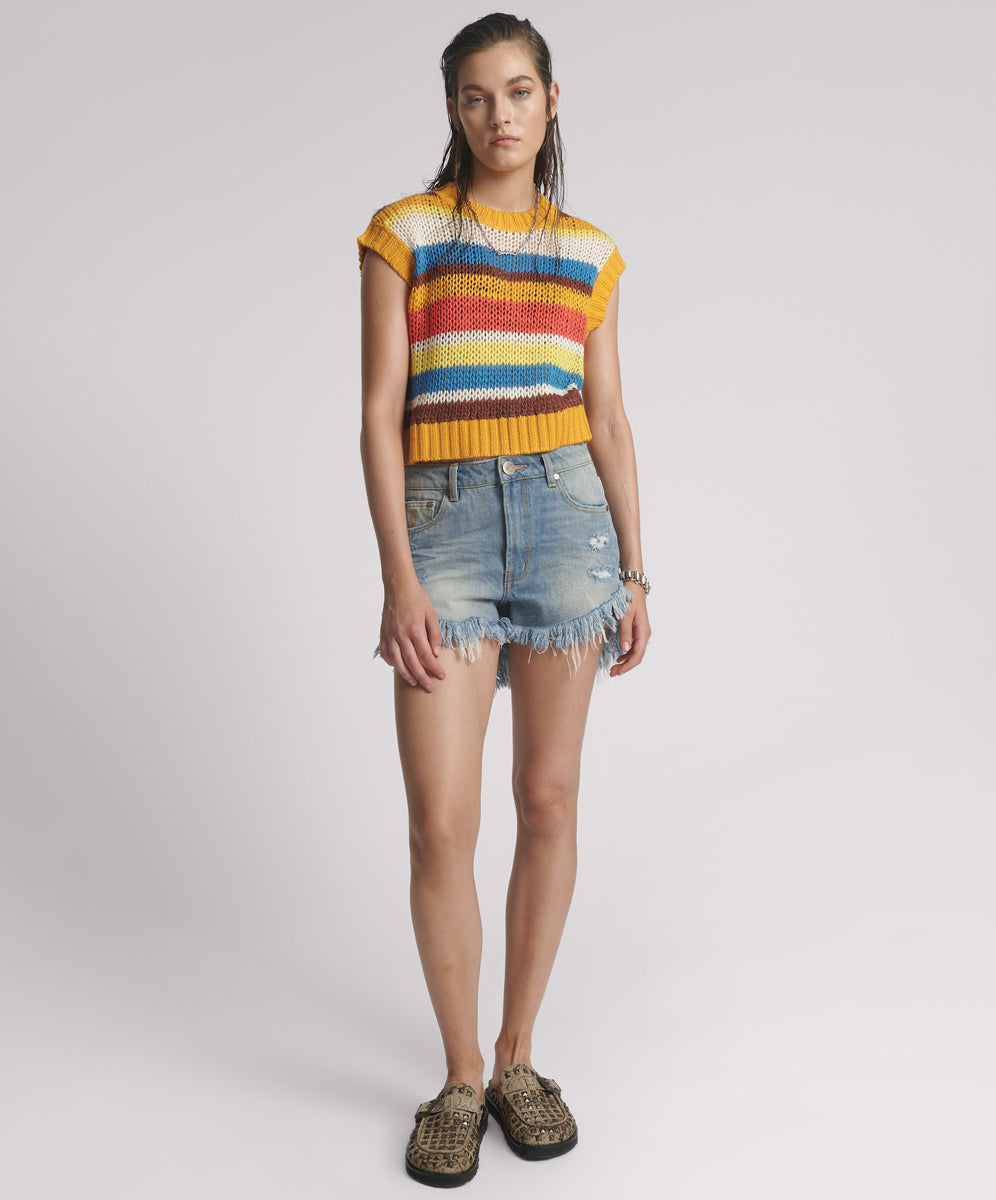 Last Stock Outlaws Mid Waist Mid Length Denim Shorts -  Blue Malt