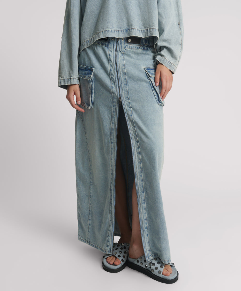 Women's Denim Skirts Parachute Low Waist Split Front Maxi Denim Skirt - Soft Blue