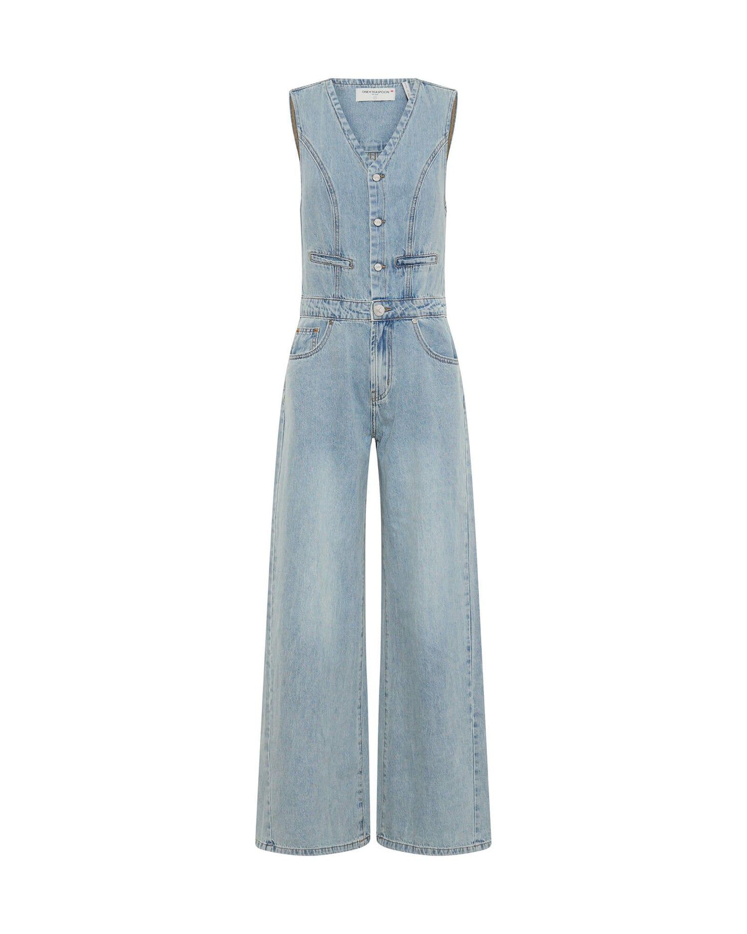 Denim Jumpsuits Love Machines Sleeveless Wide Leg Fitted Denim Jumpsuit - Soft Blue