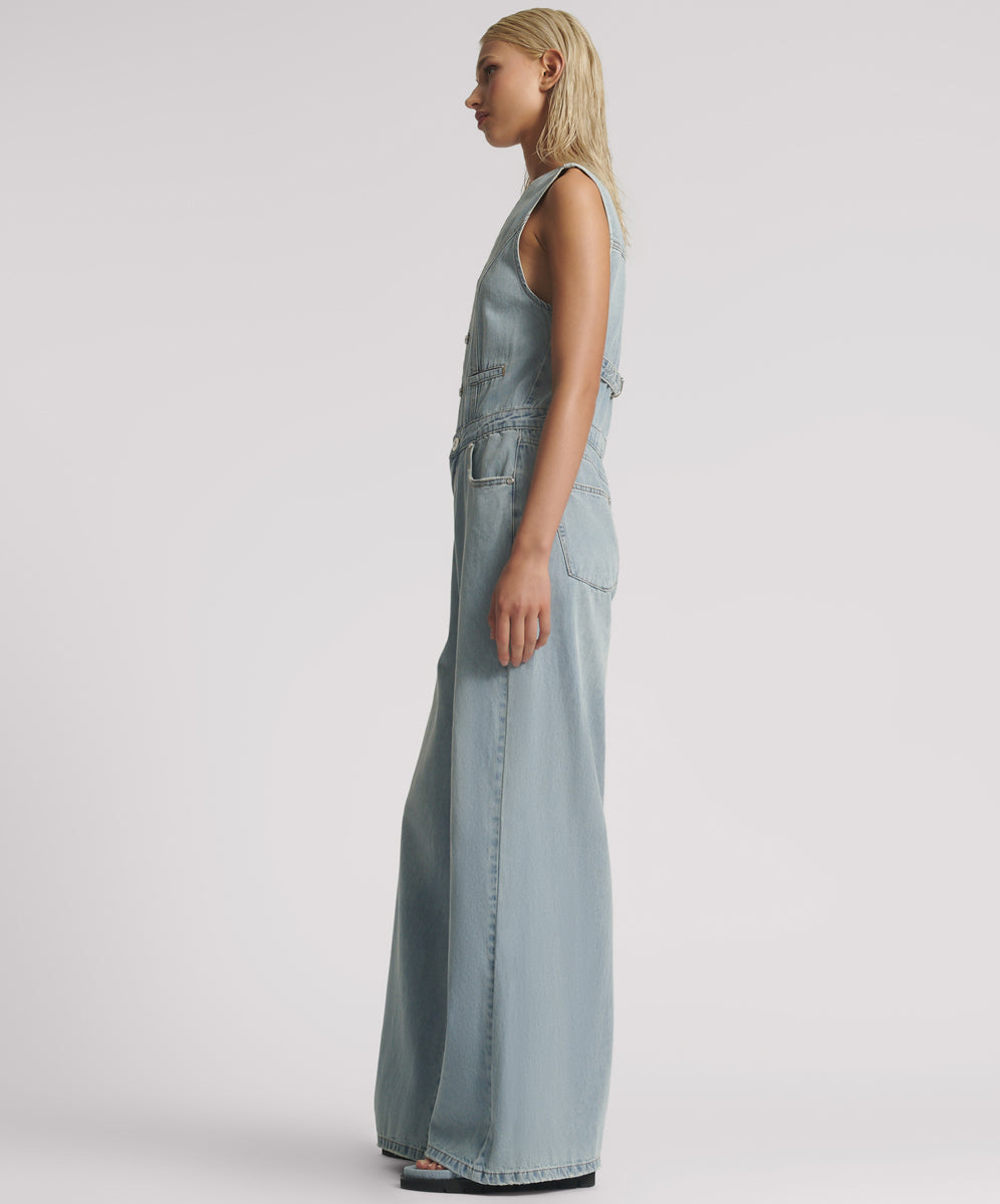 Denim Jumpsuits Love Machines Sleeveless Wide Leg Fitted Denim Jumpsuit - Soft Blue