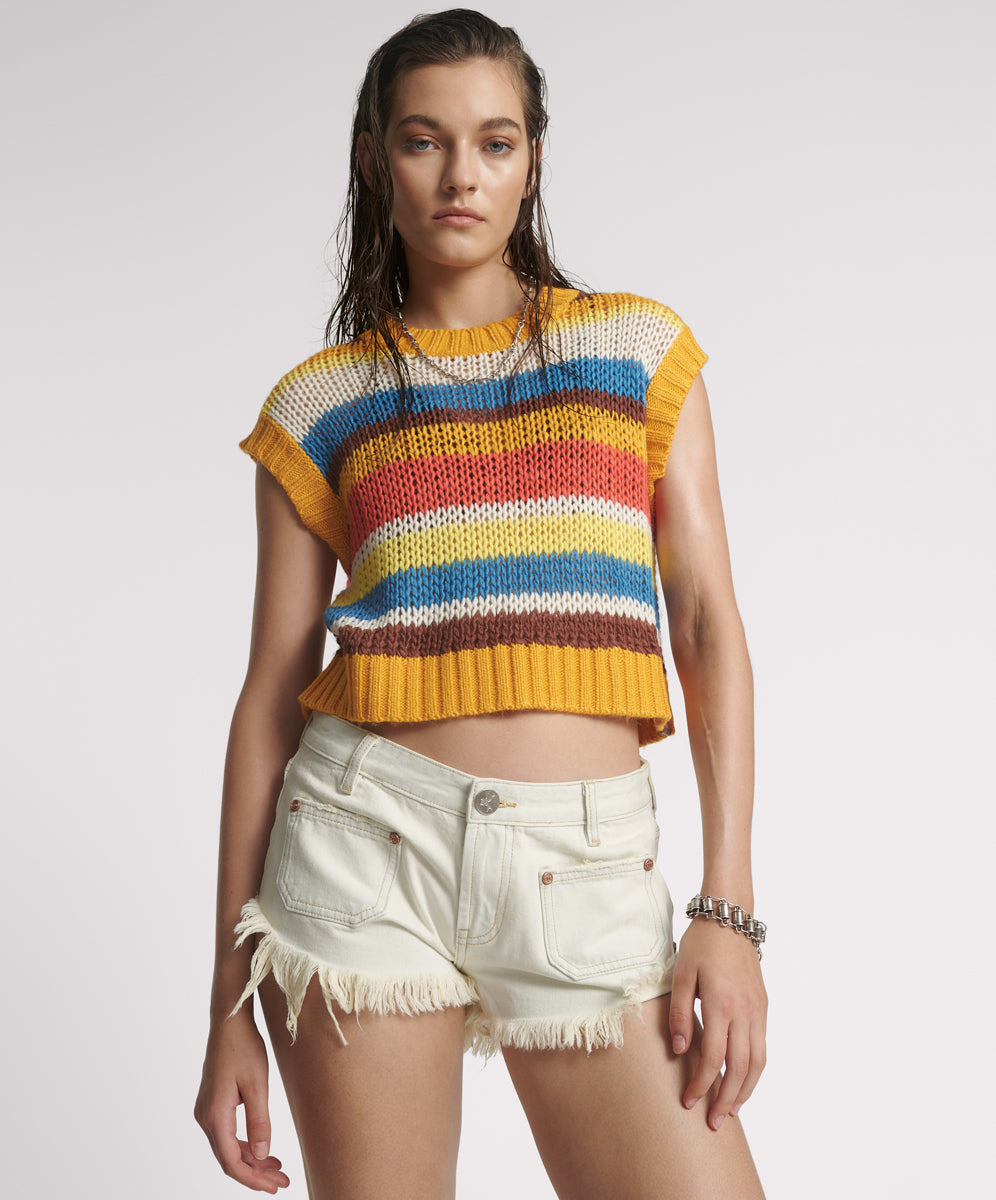 White Denim Retro Dukes Low Waist Mini Denim Shorts - Blue Cream