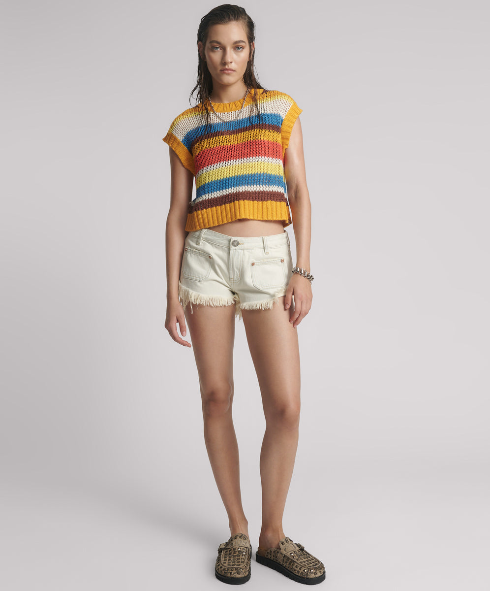 White Denim Retro Dukes Low Waist Mini Denim Shorts - Blue Cream