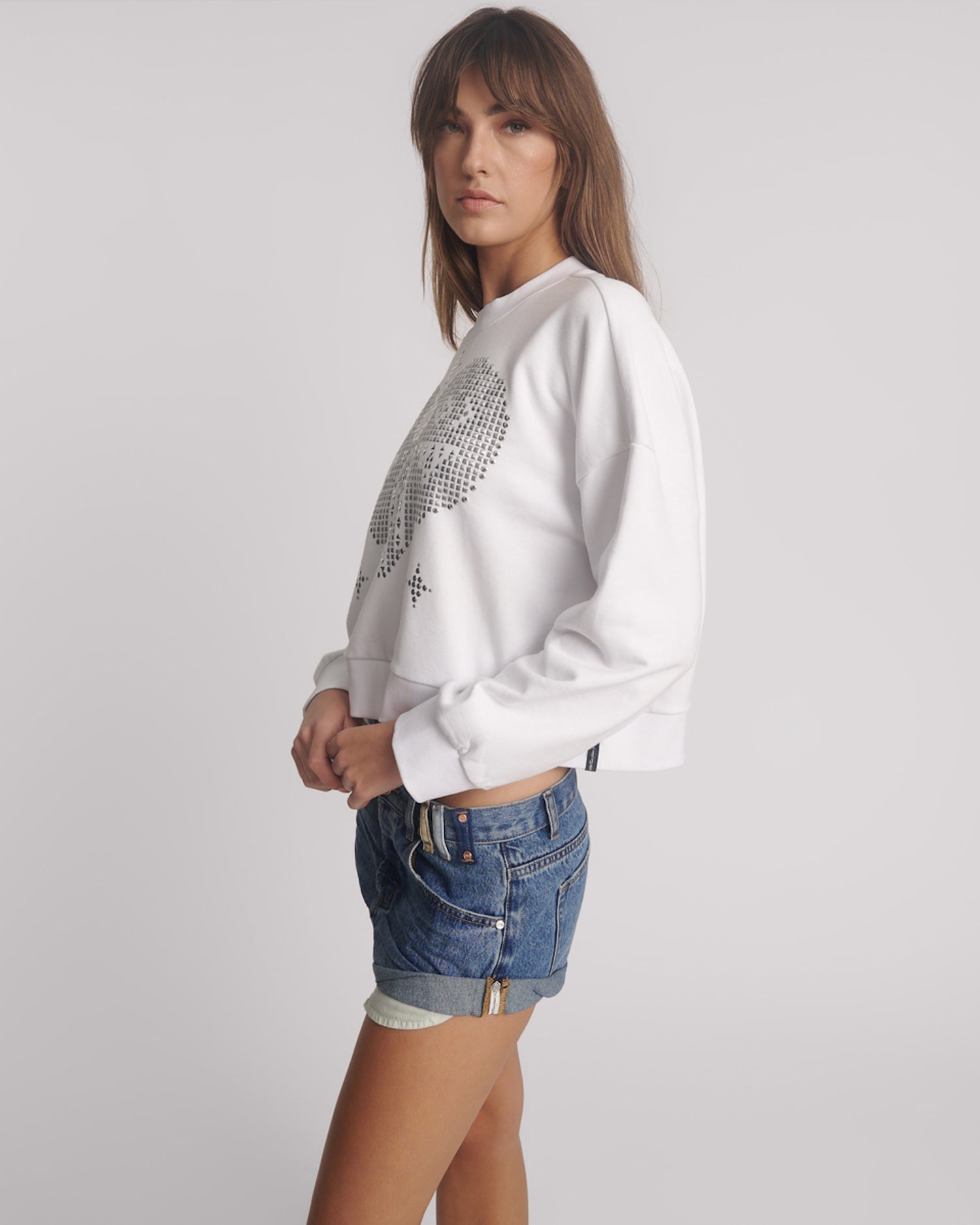Hoodies and Sweats Studded Heart Cropped Sweater - White