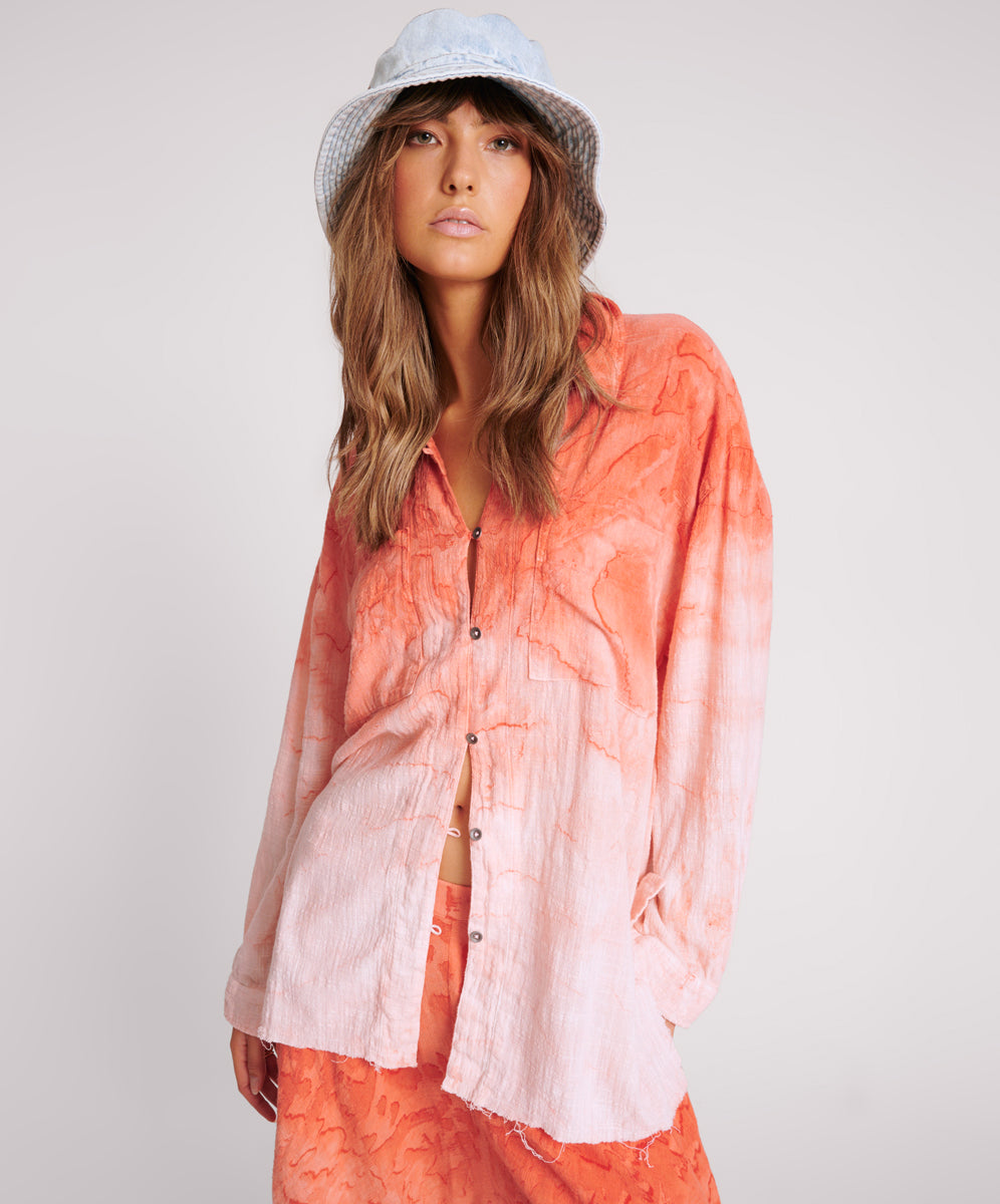 Last Stock Hand Painted Sunset Muslin Longline Shirt - Coral