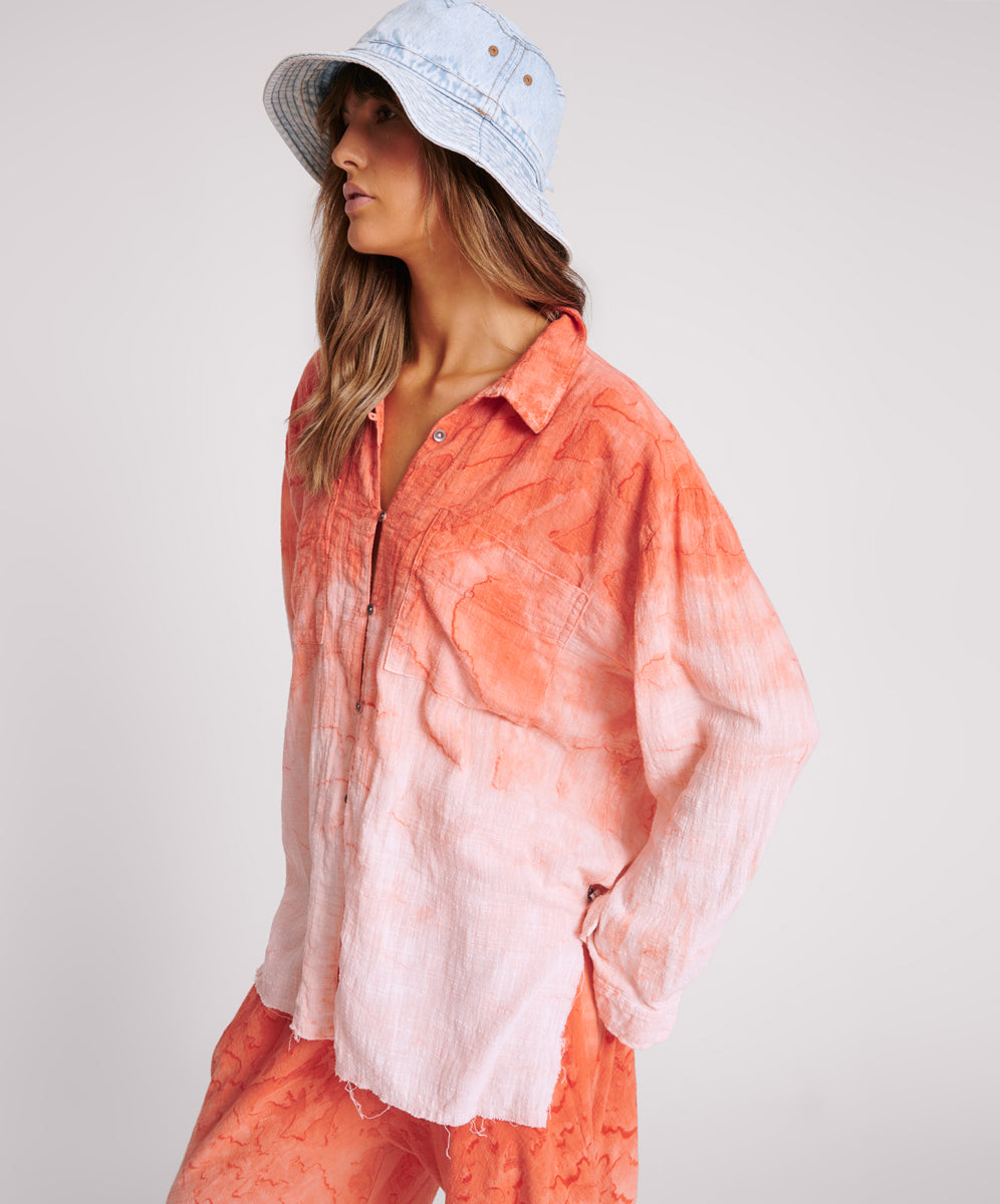 Last Stock Hand Painted Sunset Muslin Longline Shirt - Coral