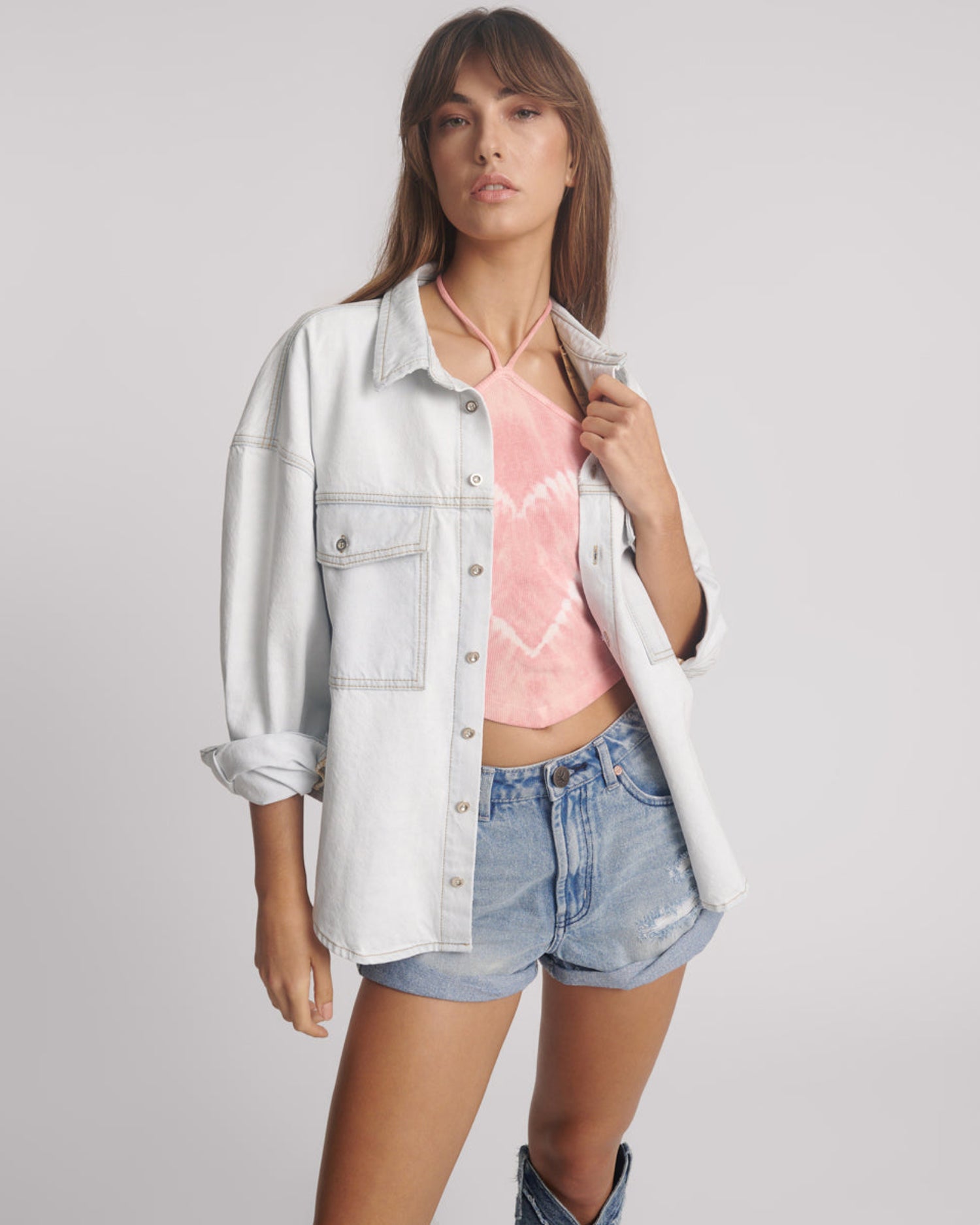 Dirty Blue Denim Hand-Sprayed Smiley Daria Denim Shacket - Bel Air Blue