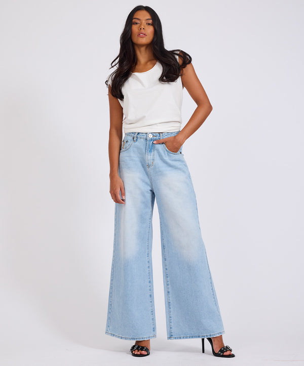 Love Machines Mid Waist Super Wide Leg Heartless Denim Jeans - Blue