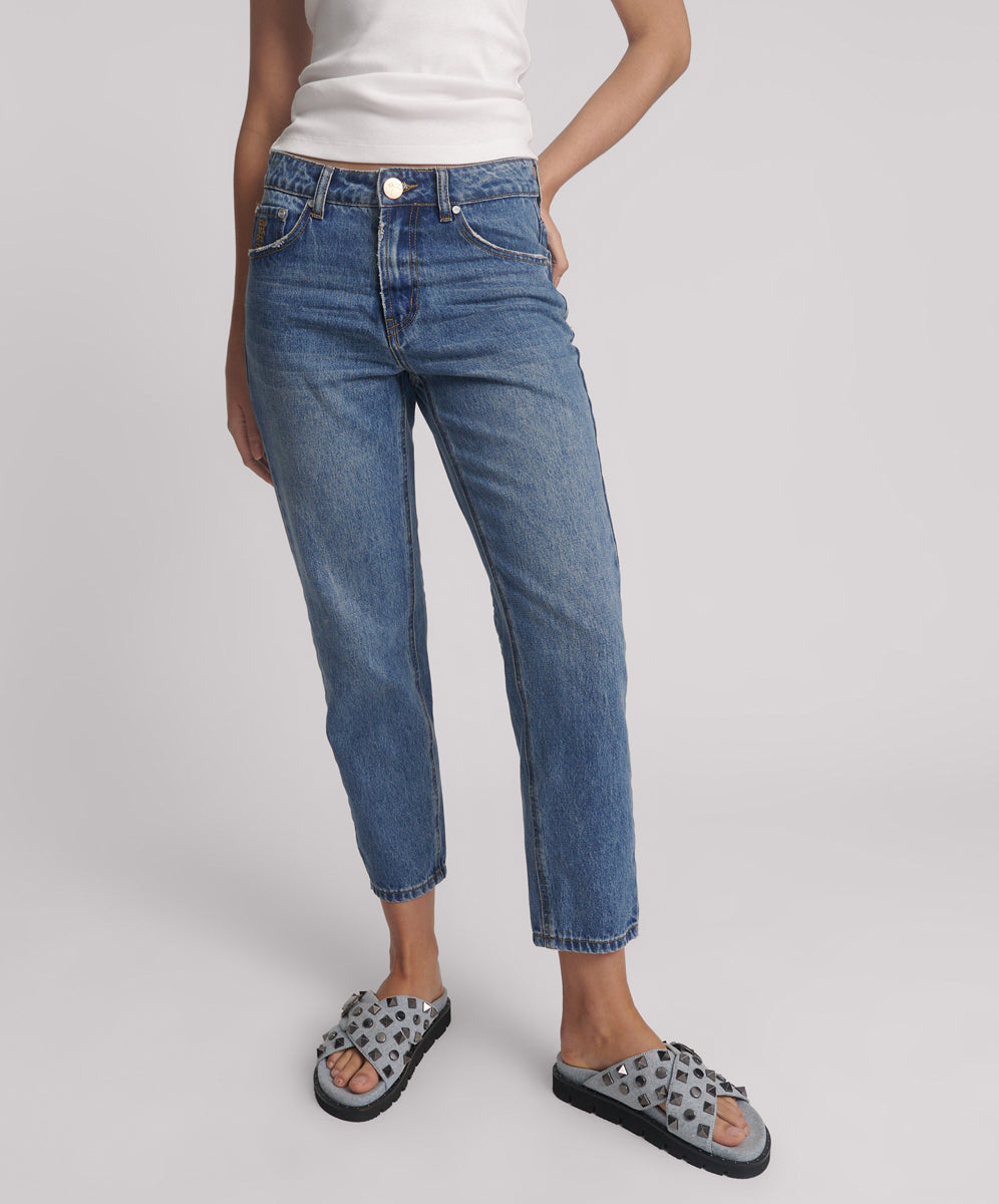 Last Stock Slims High Waist Cropped Straight Slim Fit Denim Jeans - Blue Love