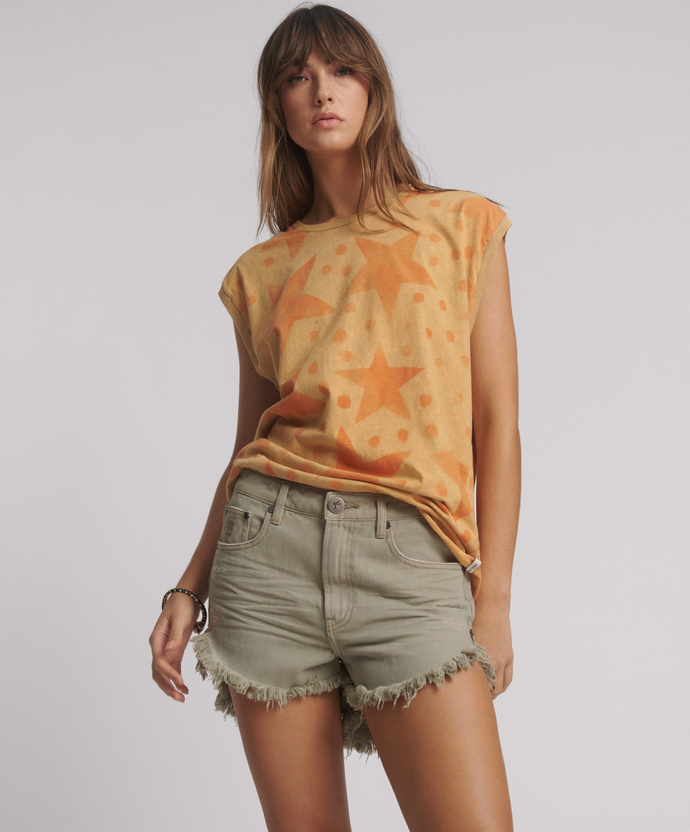 Khaki Edit Outlaws Mid Waist Mid Length Denim Shorts - Faded Khaki