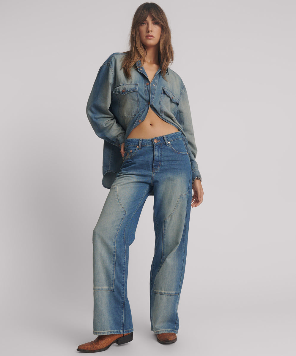 Last Stock Jackson Mid Waist Wide Leg Denim Jeans - Blue Ranch