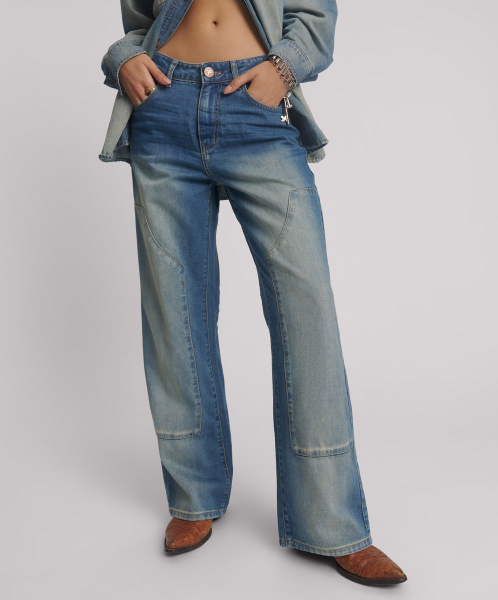 Last Stock Jackson Mid Waist Wide Leg Denim Jeans - Blue Ranch
