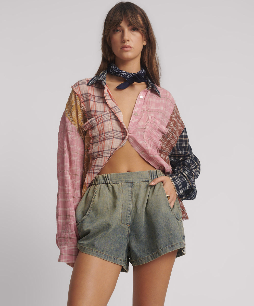 Outlet Sale Womens Denim Shorts Funks High Waist Elasticated Flippy Denim Short - Blue Sand