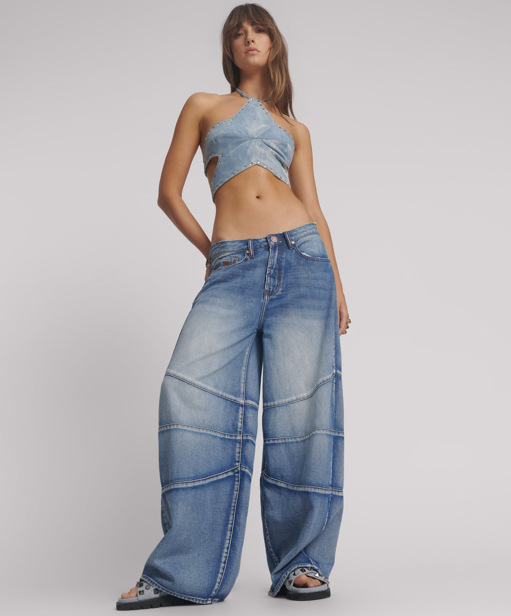 Outlet Barrel Mid Waist Wide Leg Denim Jeans - Blue Summer