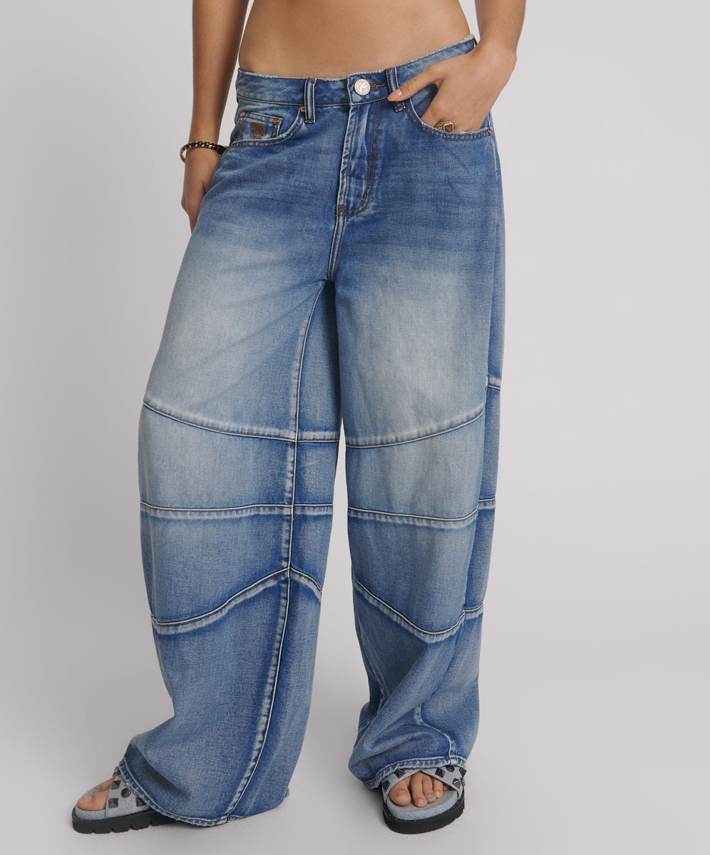 Outlet Barrel Mid Waist Wide Leg Denim Jeans - Blue Summer