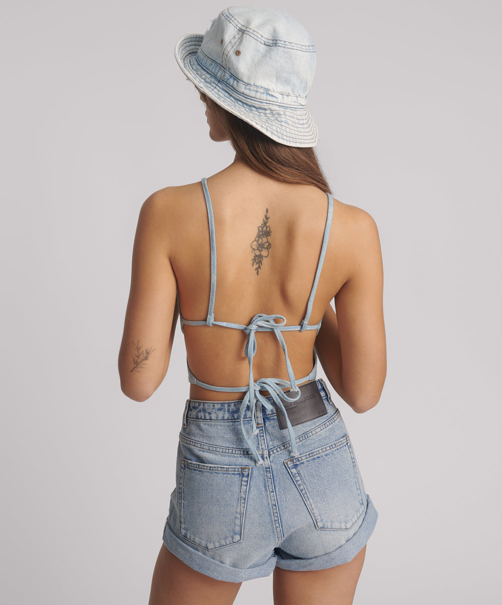 The Festival Shop Denim Flower Backless Crop Top - Cloudy Blue