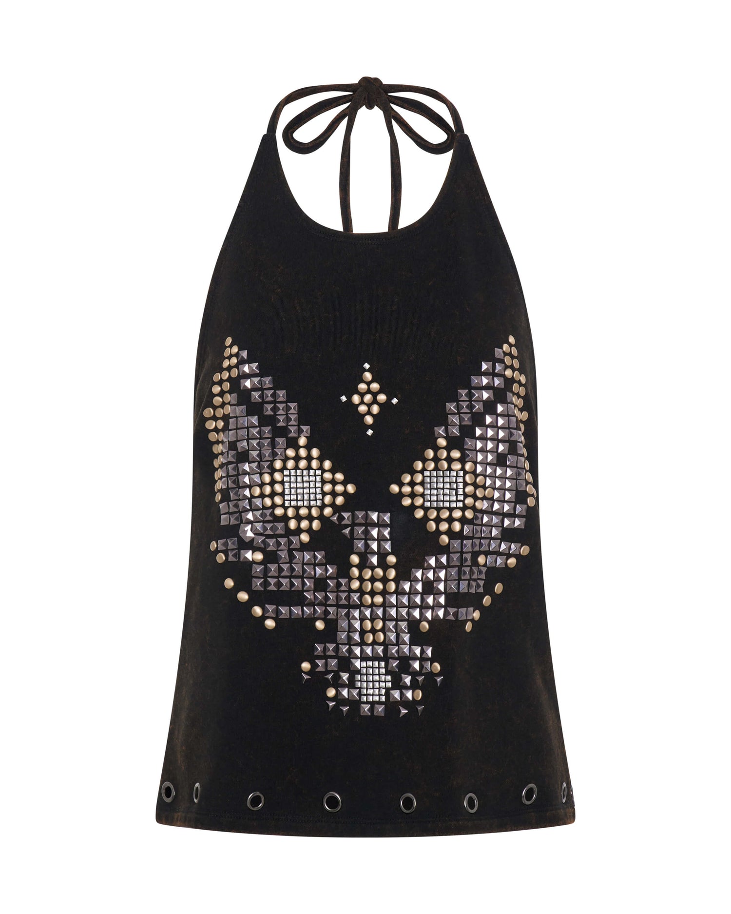 Last Stock Studded Eagle Acid Wash Halter Top - Black Tobacco